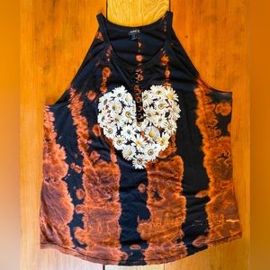 Black tank top with sunflower heart & rings up the middle. Bleached tie dye.